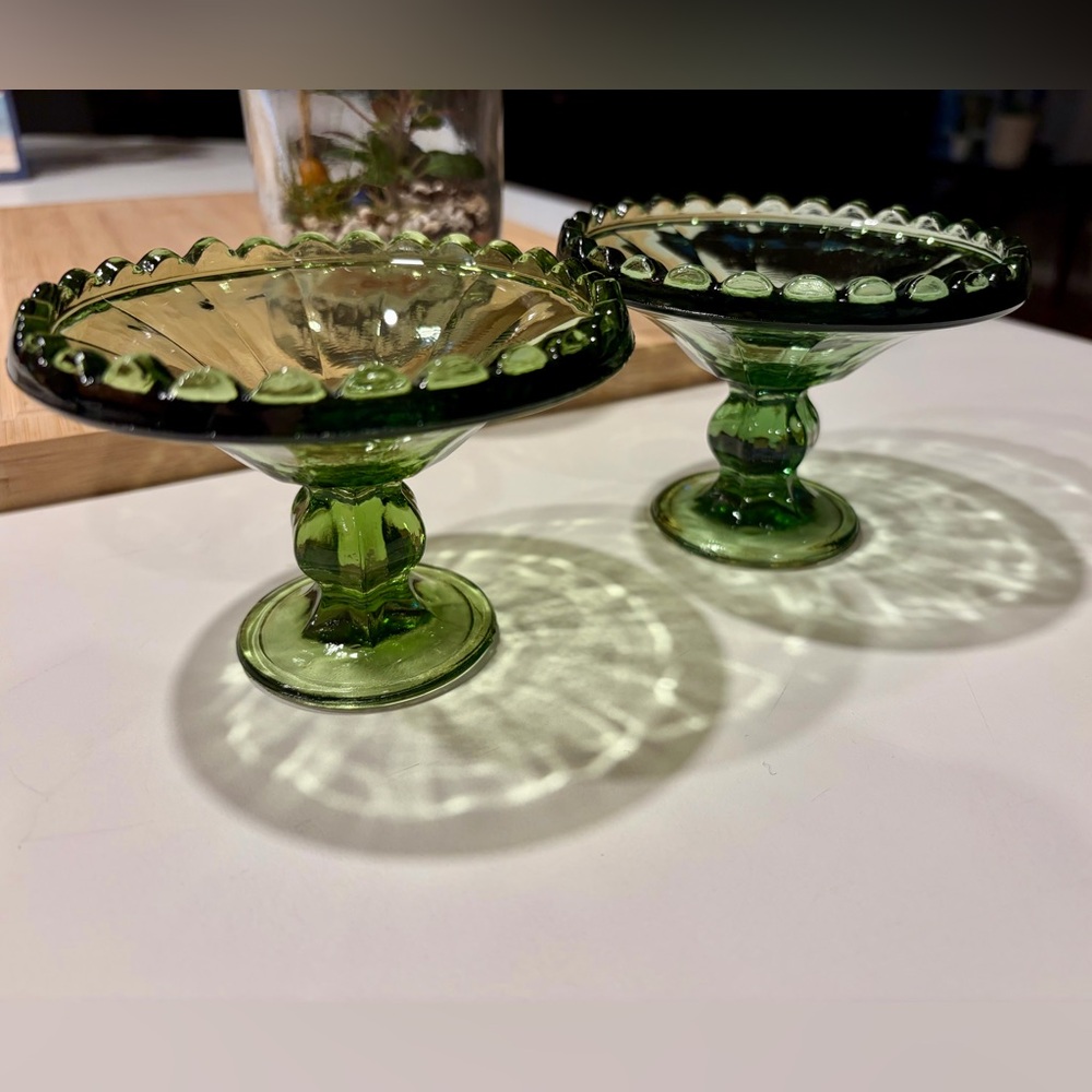 Pair of Vintage green Glass Pedestal Dish Candy Dish Jewelry Dish
